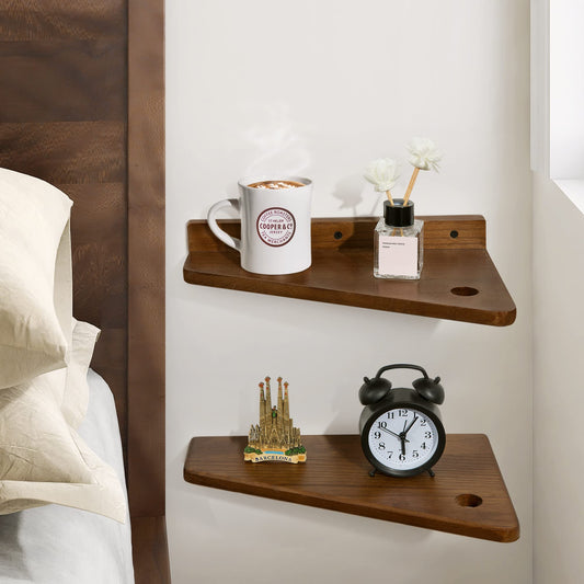 SUMGAR Floating Bedside Table Small Nightstand Set of 2 Shelf Wall Mounted Dark Solid Wood Shelves Walnut Modern Slim Thin Storage Display Furniture