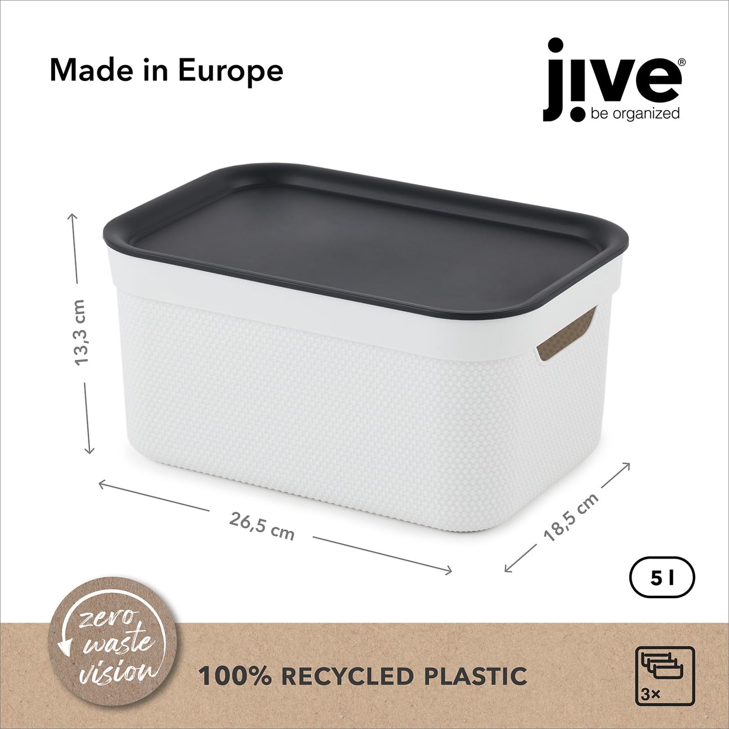 Rotho Jive Dekobox Set of 3 storage box 5l with lid, Plastic (PP recycled), white/anthracite, 3x5l (26.5 x 18.5 x 13.2 cm)