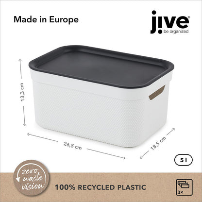 Rotho Jive Dekobox Set of 3 storage box 5l with lid, Plastic (PP recycled), white/anthracite, 3x5l (26.5 x 18.5 x 13.2 cm)
