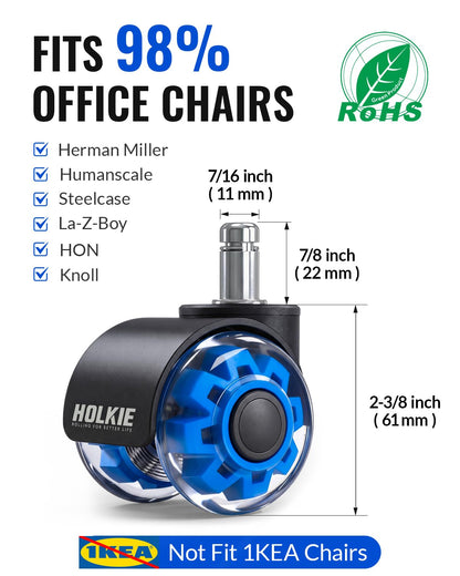 HOLKIE Office Chair Wheels 11x22mm Universal Fit 2 Inch Castors Replacement, Blue Core Dual Rubber Smooth & Silent Chair Casters Wheels-Set of 5 For