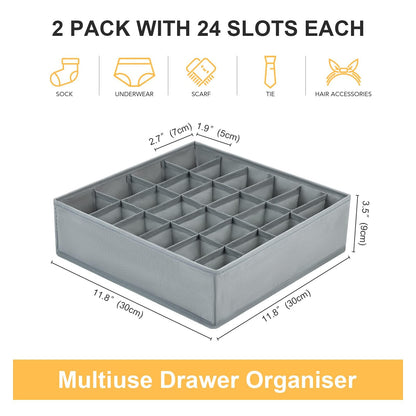 DIMJ 2 Pack Drawer Organisers 24 Cells Sock Organiser Foldable Underwear Drawer Organiser Fabric Drawer Divider Wardrobe Storage Boxes for Socks