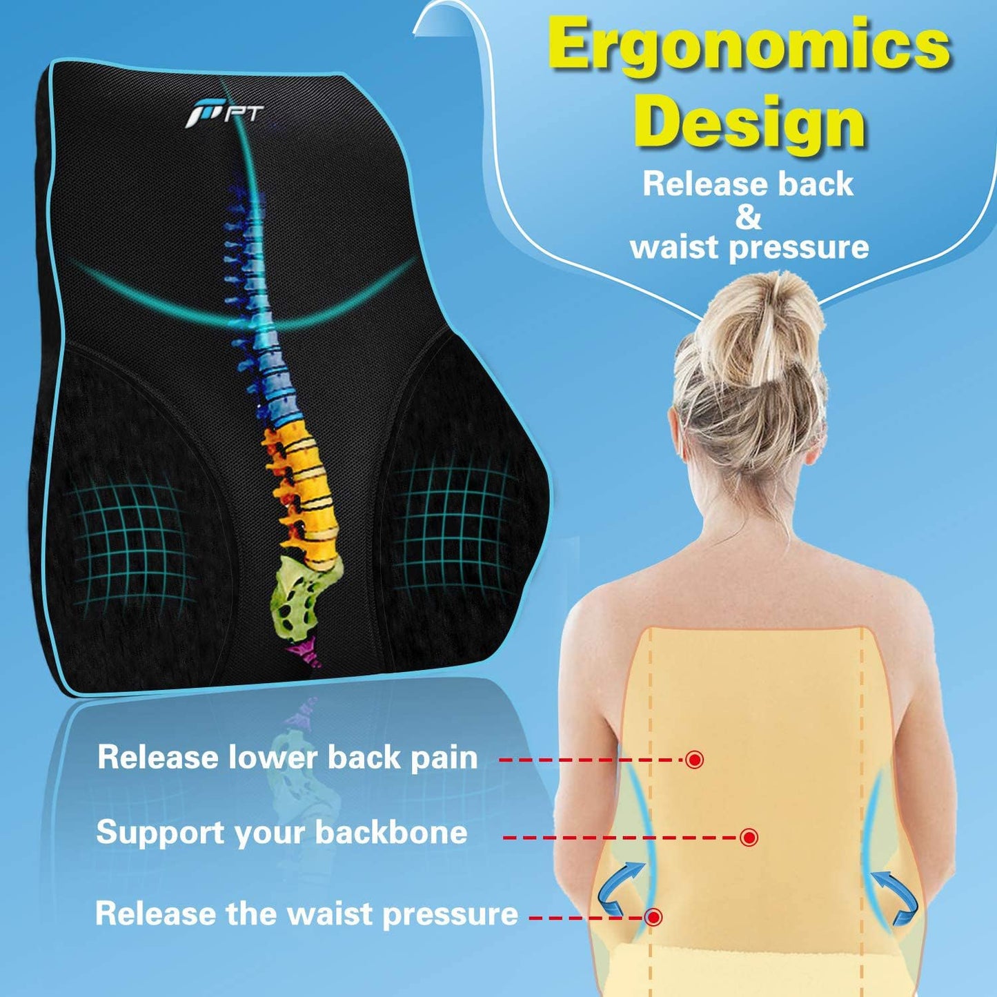 POOTACK Pillow, Memory Foam Back Support Cushion Lumbar Support for Office Chair, Car Seat, Recliner, with Extension Strap and Carry Bag Black