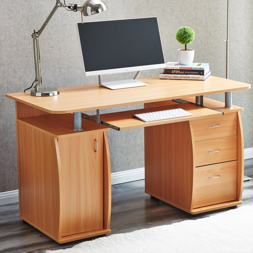 RayGar Beech Deluxe Design Computer Desk With Cabinet and 3 Drawers For Home Office Table Workstation - New (Beech)