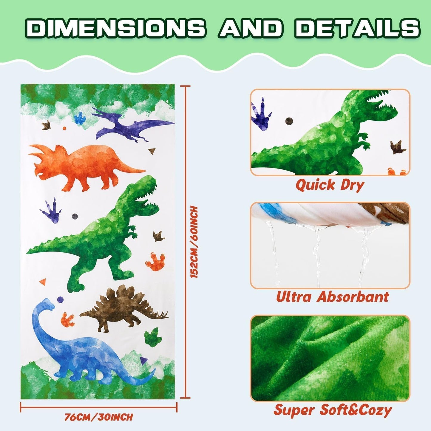WERNNSAI Dinosaur Microfibre Beach Towel for Kids, 76 x 150cm Bath Towel