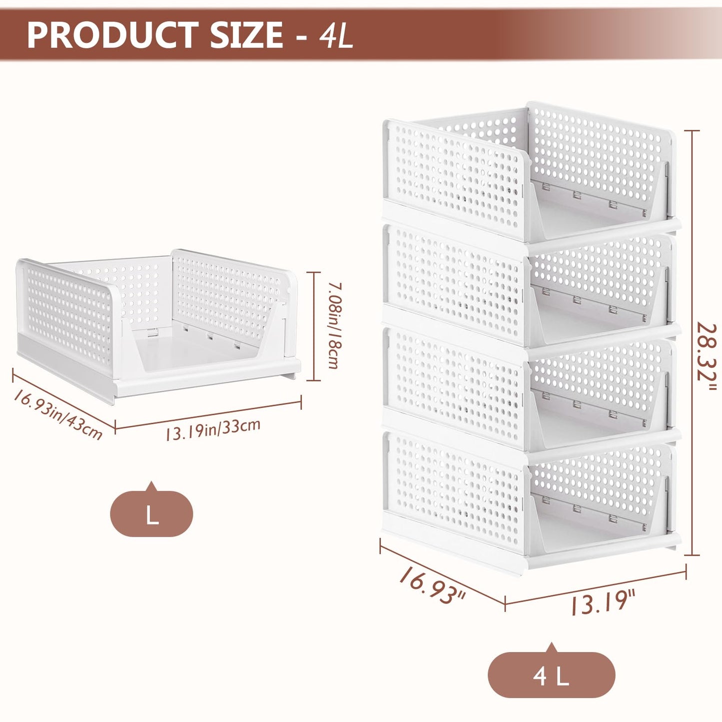 4 Pack Folding Closet Organizers Storage Box, Stackable Storage Bins, Plastic Drawer Basket Closet Storage for Wardrobe Cupboard Kitchen Bathroom