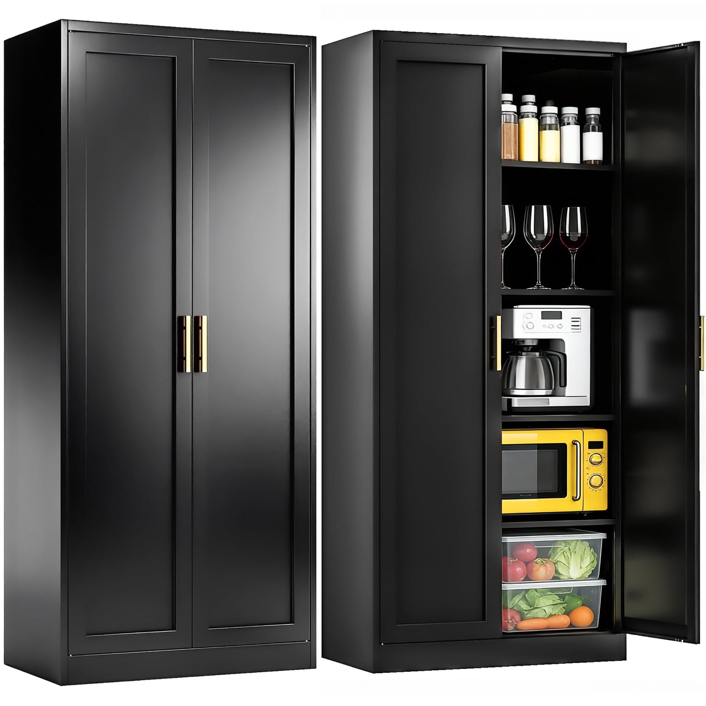 Tall Kitchen Cupboard, 180cm Metal Storage Cabinet, Black, 180*70*35cm
