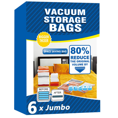 Vacuum Storage Bags - 6 Pack Jumbo (80X100cm) Space Saver Sealer Compression Bags, Reusable Vacuum Bags for Storage Clothes, Duvets, Bedding, Quilts