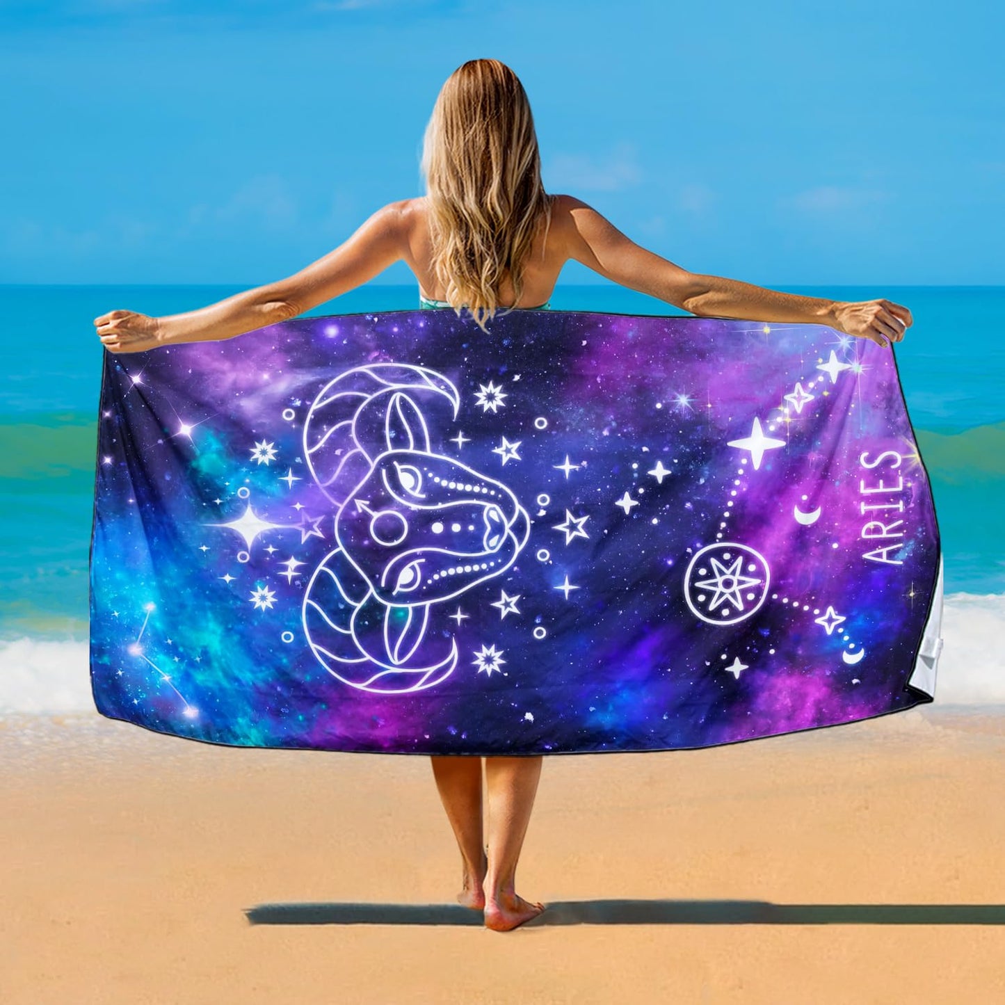 Violetpos Aries Zodiac Sign Beach Towel for Astrology Fans, Extra Large 180x90 cm 250GSM Microfibre, Sand Free Quick Dry