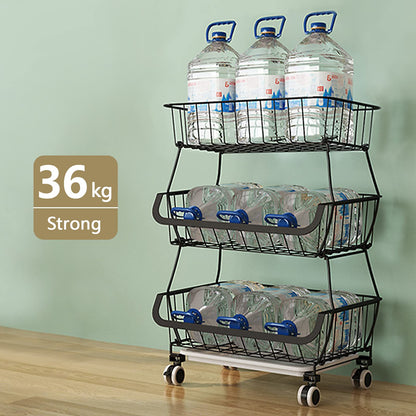 BRIAN & DANY 3 Tier Vegetable Storage Rack, Stackable Fruit Vegetable Stand with Lockable Casters and 5 S-Hooks for Kitchen, Pantry, Bathroom, Garage