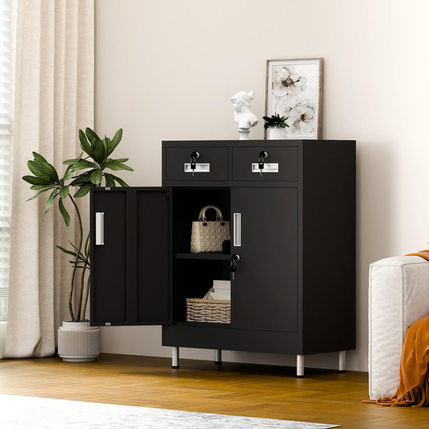 JINGUR Metal Storage Cabinet with Locking Doors and 2 Drawers (Black)