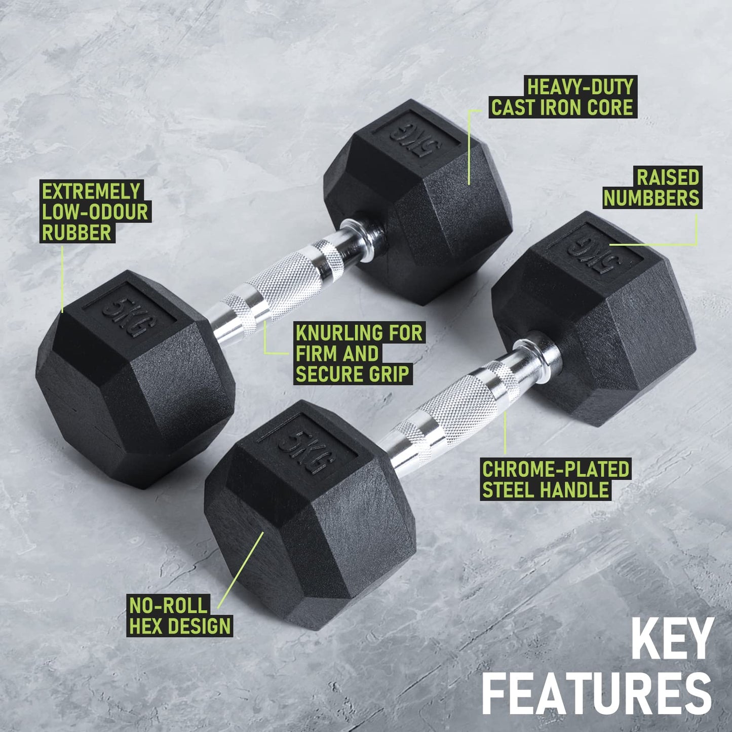 PhysKcal Hex Dumbbells 15kg Single, Odourless Poly Rubber Encased Dumbbells Set 2.5KG 5KG 7.5KG 10KG 12.5KG 15KG 20KG Home Gym Weights Set