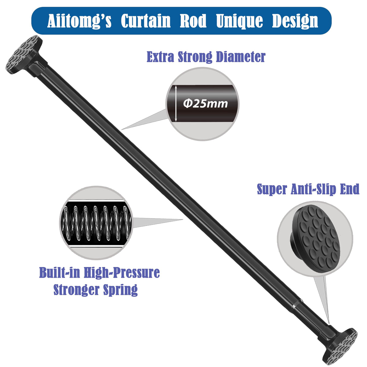 Shower Curtain Rod Extendable Tension Rod No Drilling Shower Curtain Rail Wardrobe Rail for Bathroom,Bedroom,Wardrobe (69-90CM Φ25mm)