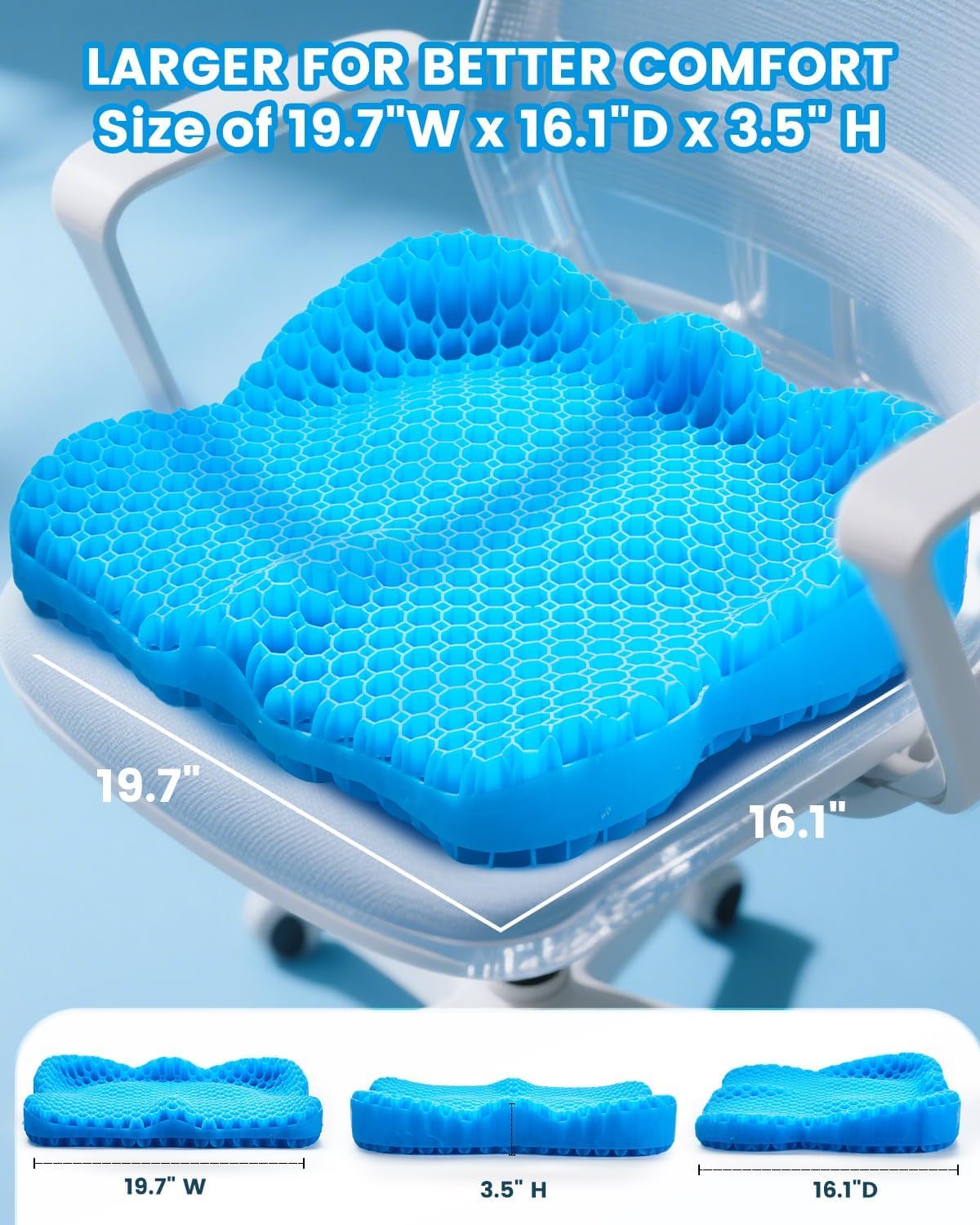 Extra19.7" Breathable Gel Seat Cushion, Wheelchair Relief for Long Sitting