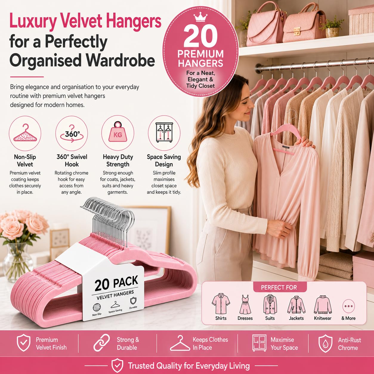 1ABOVE Premium Quality 20 pack Non-Slip Velvet Hangers (44cm) Heavy Duty Velvet Suit Hangers with Tie Bar, 360° Swivel Hooks – Space saving