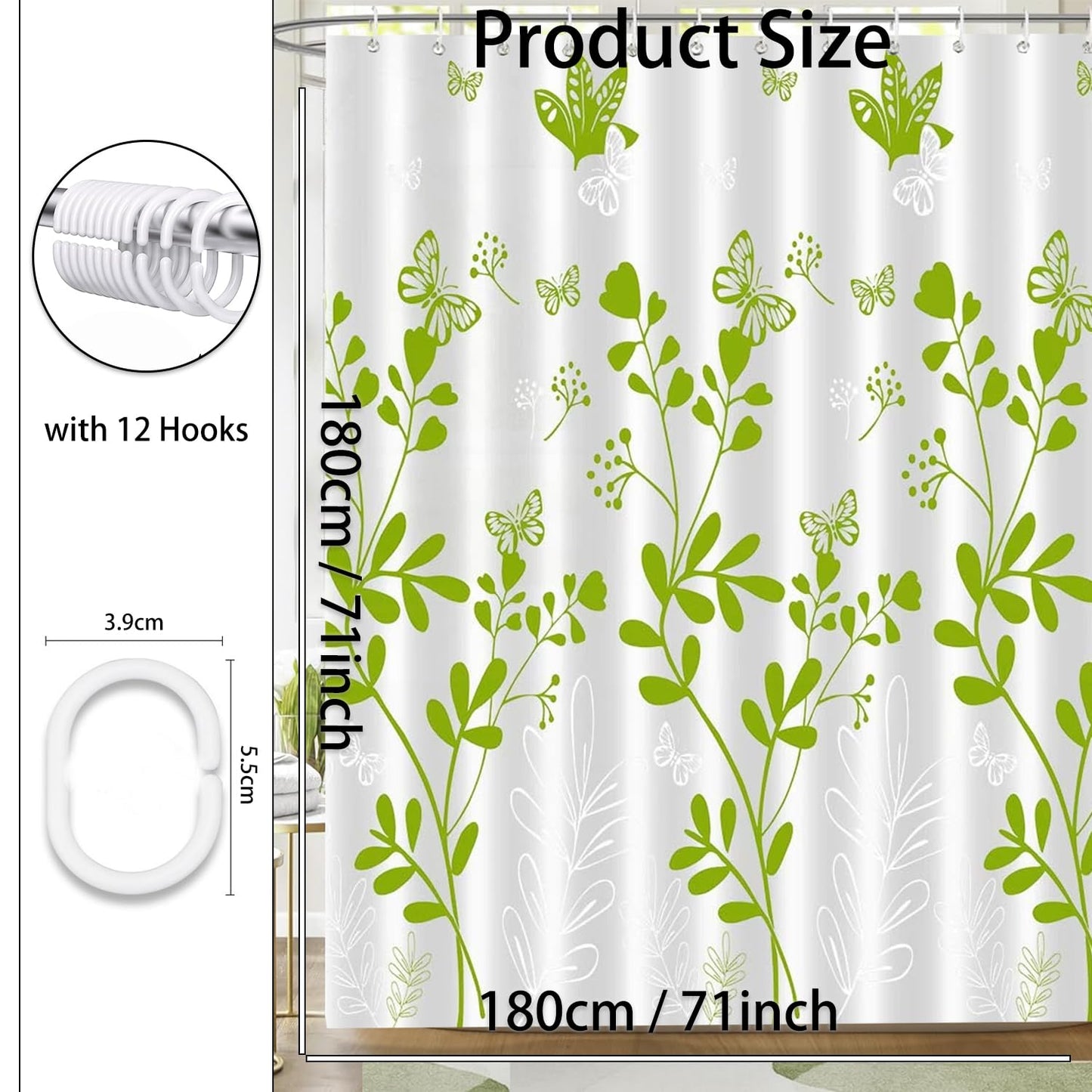 zhaoyeqing Shower Curtain for Bathroom, 100% PEVA Waterproof Anti-Mould Proof Resistant, Washable Bathroom Curtain, with 12 Pcs Curtains Hooks