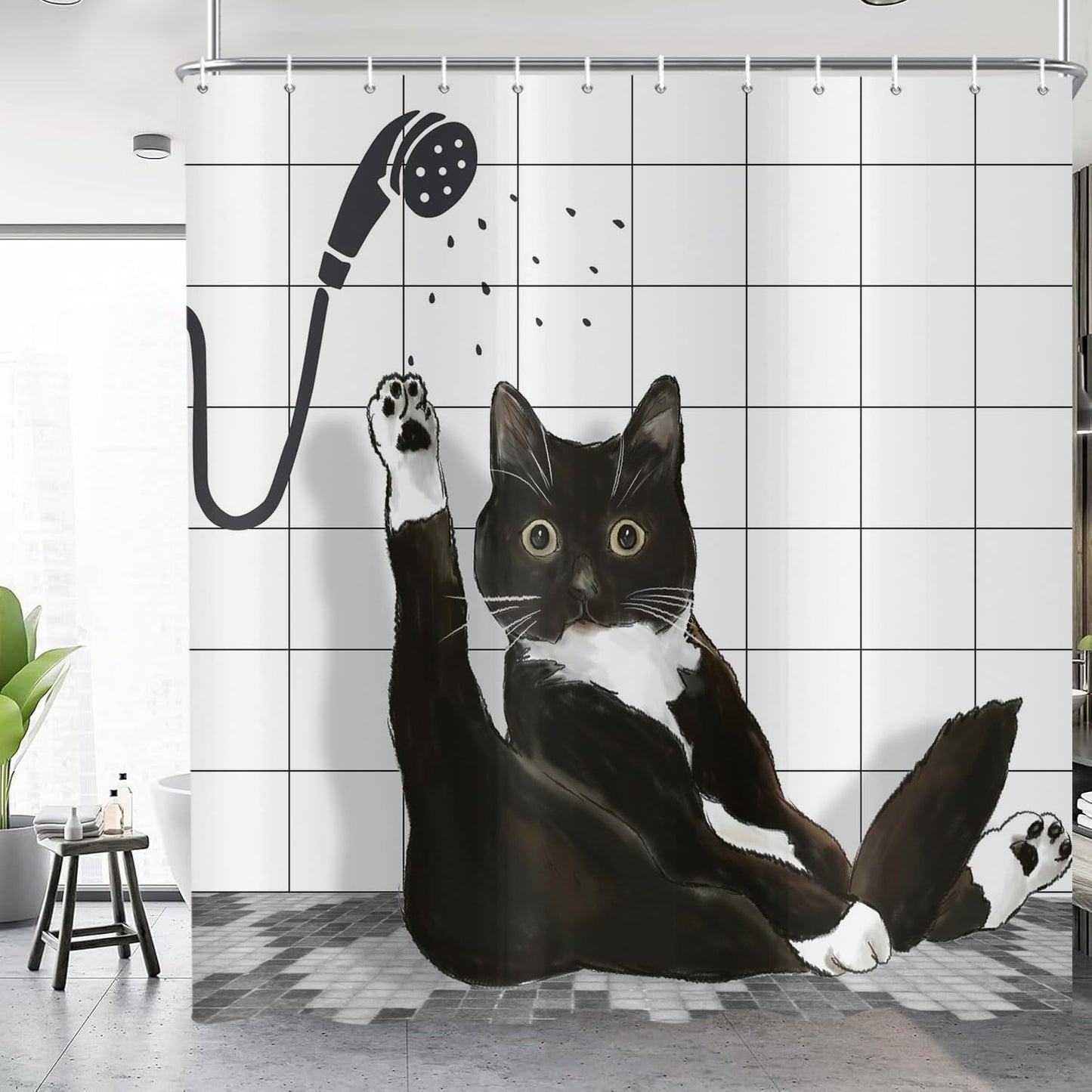 ASDCXZ Funny Cat Shower Curtain 180x200 cm, Cute Cartoon Black Kitten Kids Bathroom Hilarious Waterproof Bath Curtain Polyester Textile Washable