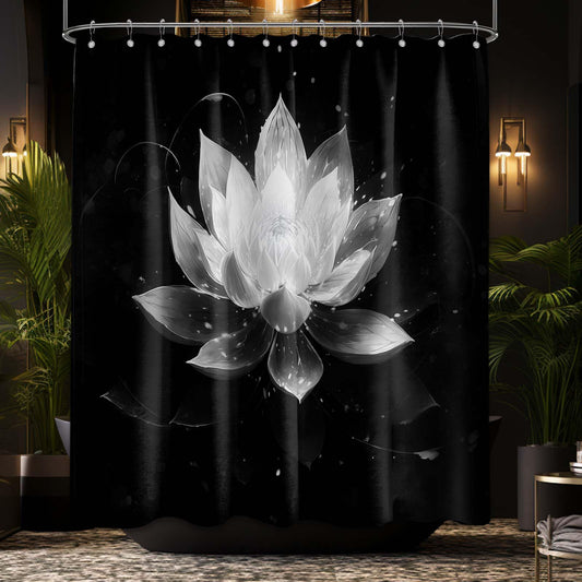 LanZanthic Lotus Shower Curtains for Bathroom Black and White Floral Spa Zen Wet Room Shower Curtain, Washable, Waterproof, Cloth Fabric, 180 x 240 cm