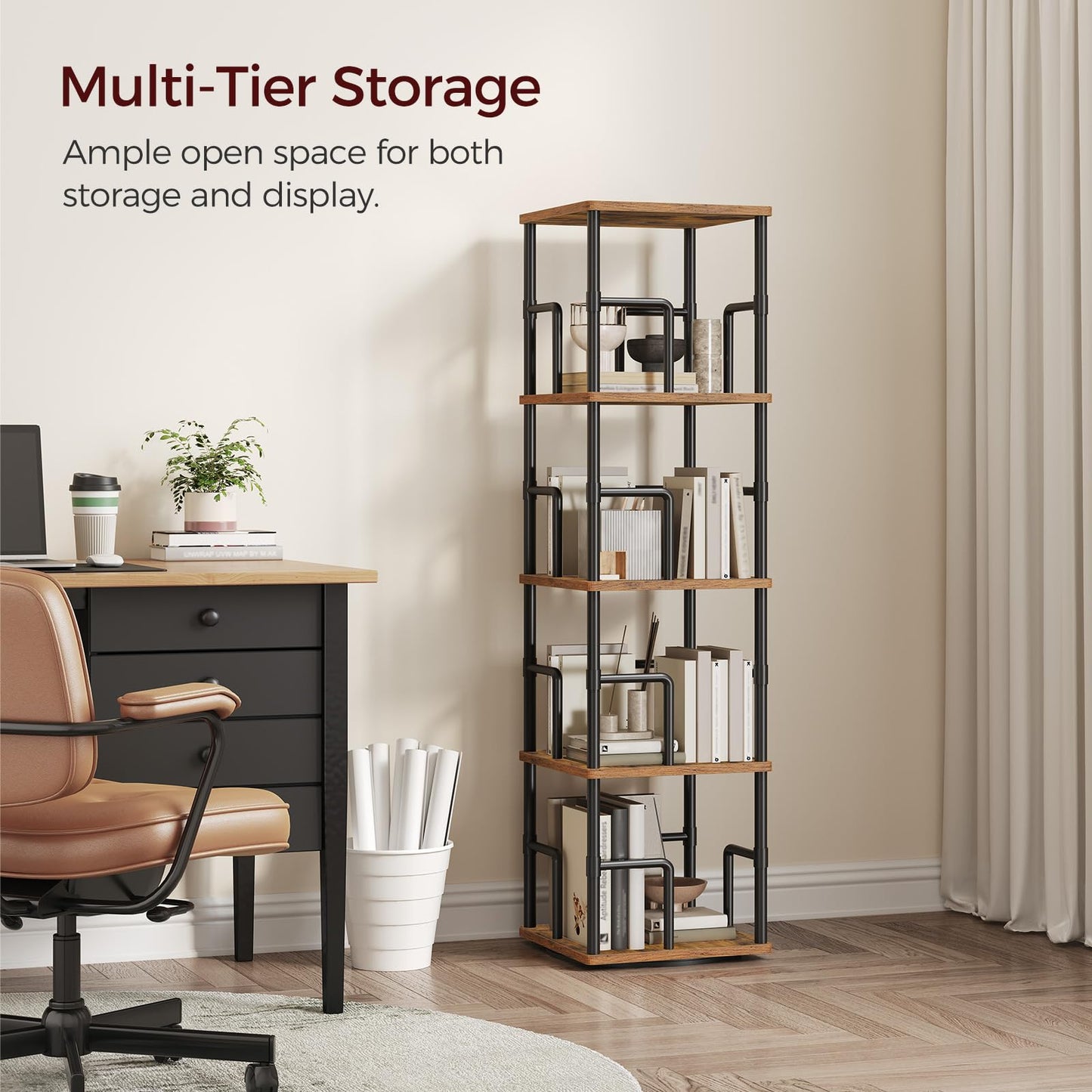 MAHANCRIS Rotating Bookshelf, 5-Tier Spinning Bookcase, 360° Revolving Bookcase, Storage Turning Shelf with Rails for Corner, Living Room, Bedroom