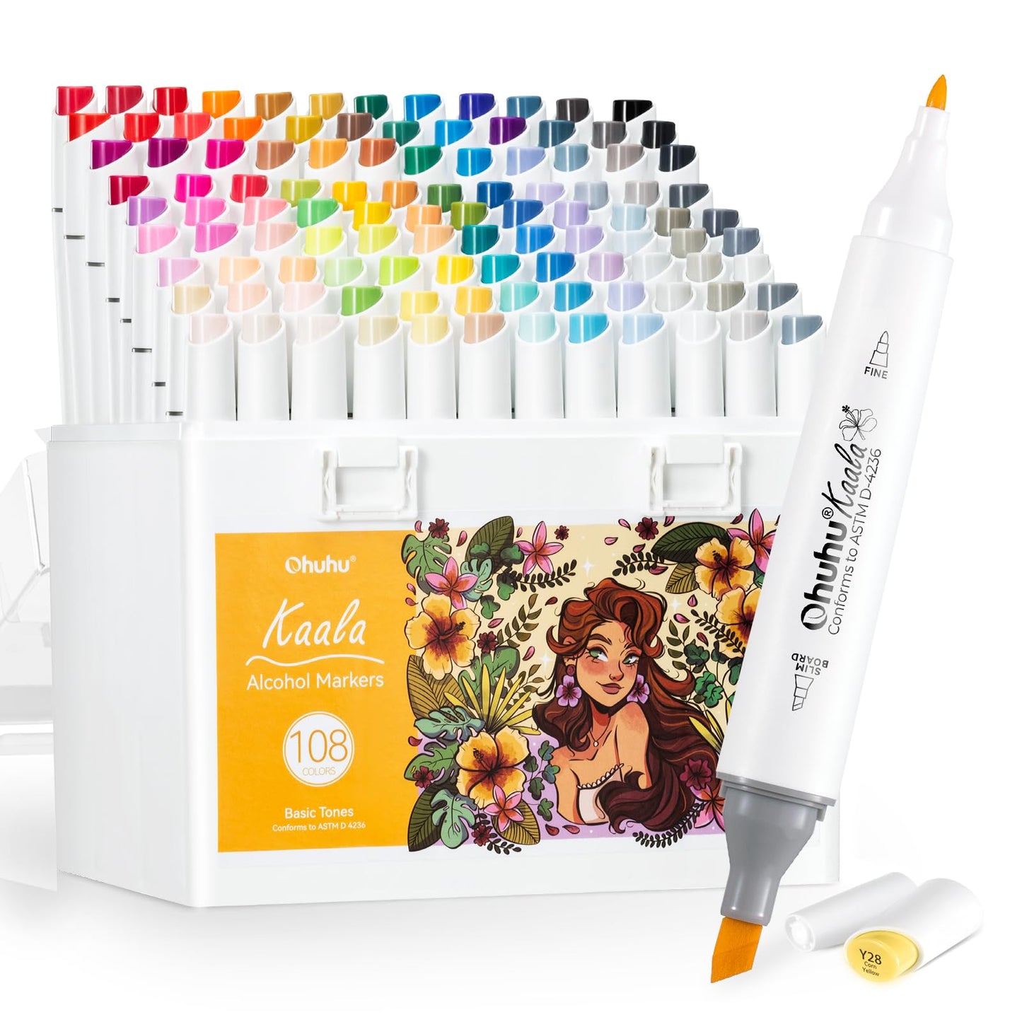 Ohuhu Markers, 108 Colours Slim Broad and Fine Double Tipped Refillable Alcohol Markers, Art Pens for Artists Adults Colouring Drawing Sketching