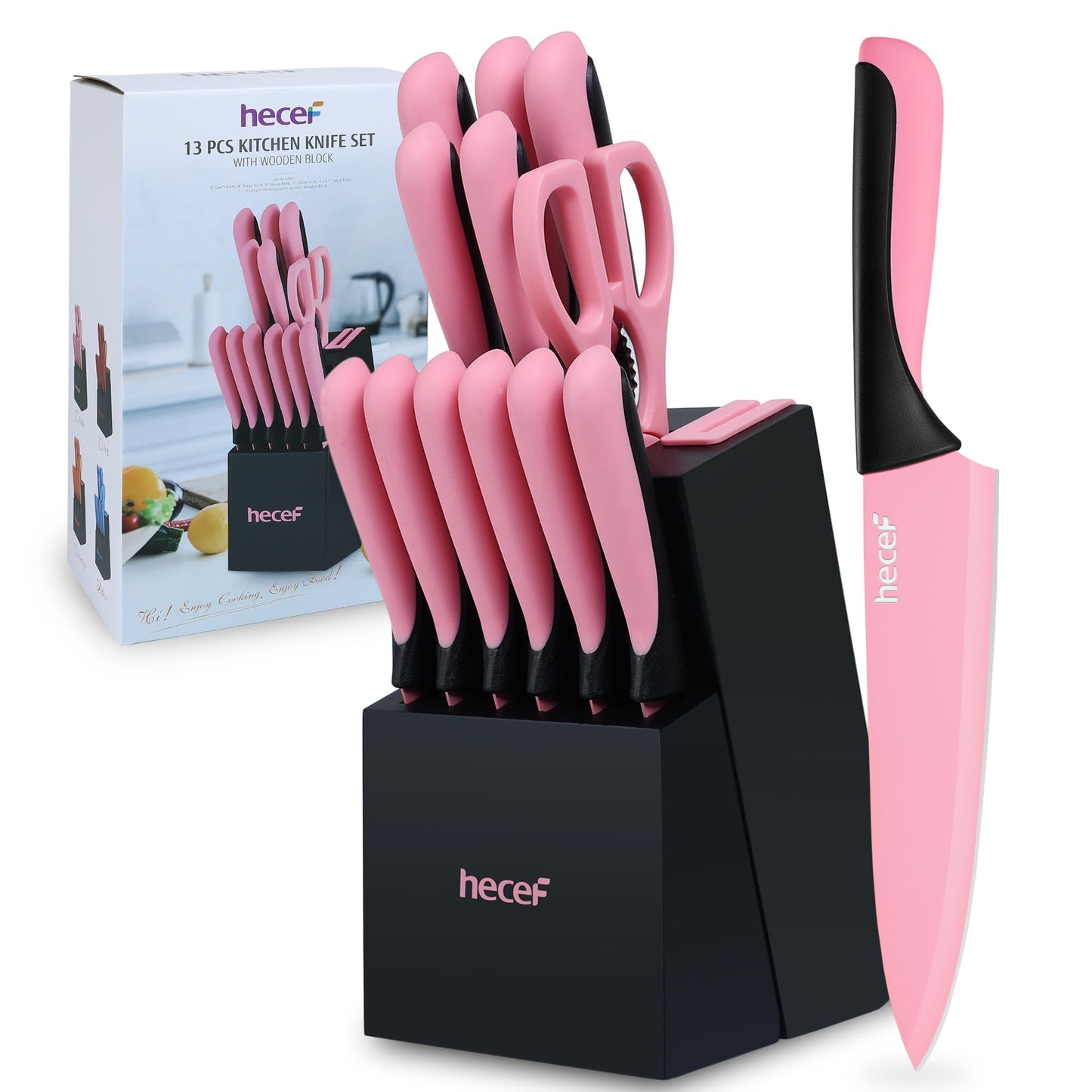 hecef Kitchen Knife Set with Block, Built-in Sharpening & Non-Sticking Coating - High Carbon Stainless Steel for Effortless Cooking! (Pink)