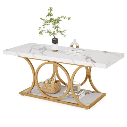 LITTLE TREE White Rectangle Coffee Table, 47 Inches Modern Coffee Tables for Living Room, 2-Tier Faux Marble Wood Coffee Table with Storage