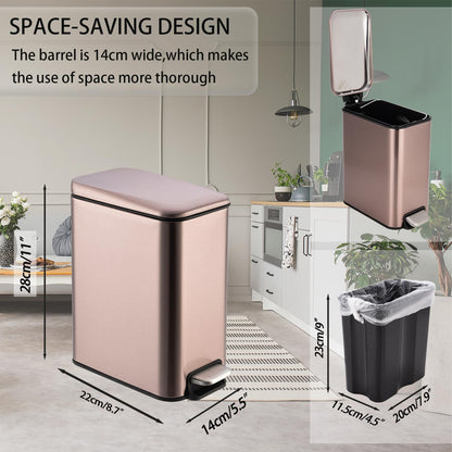 Bathroom Bin with Loo Brush Set, 5L Rectangular Rose Gold Stainless Steel