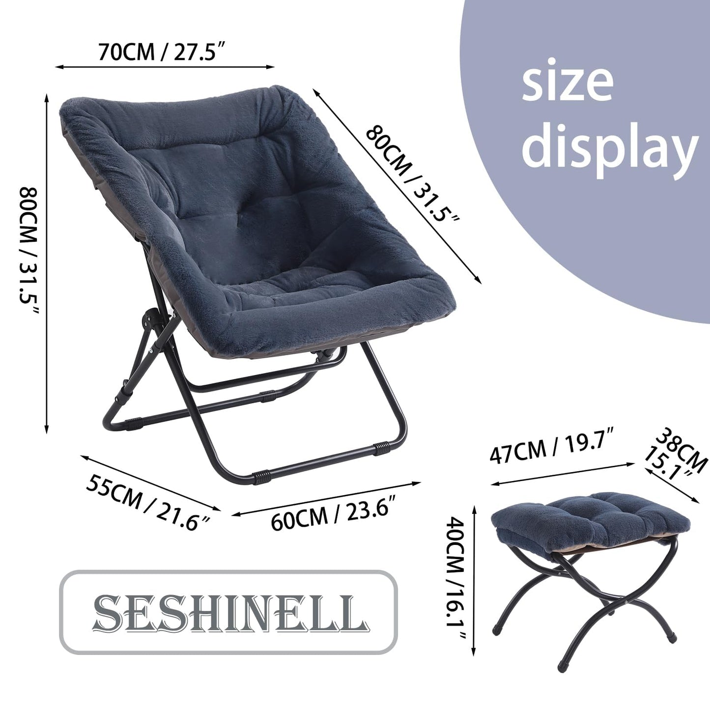 SESHINELL Comfy Saucer Chair with Ottoman, Oversized Foldable Faux Fur Lounge Reading Chair Set with Metal Frame