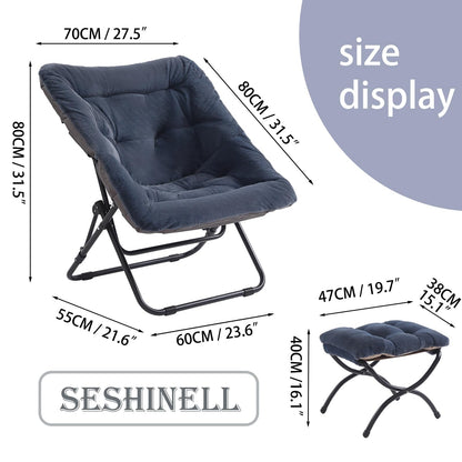 SESHINELL Comfy Saucer Chair with Ottoman, Oversized Foldable Faux Fur Lounge Reading Chair Set with Metal Frame
