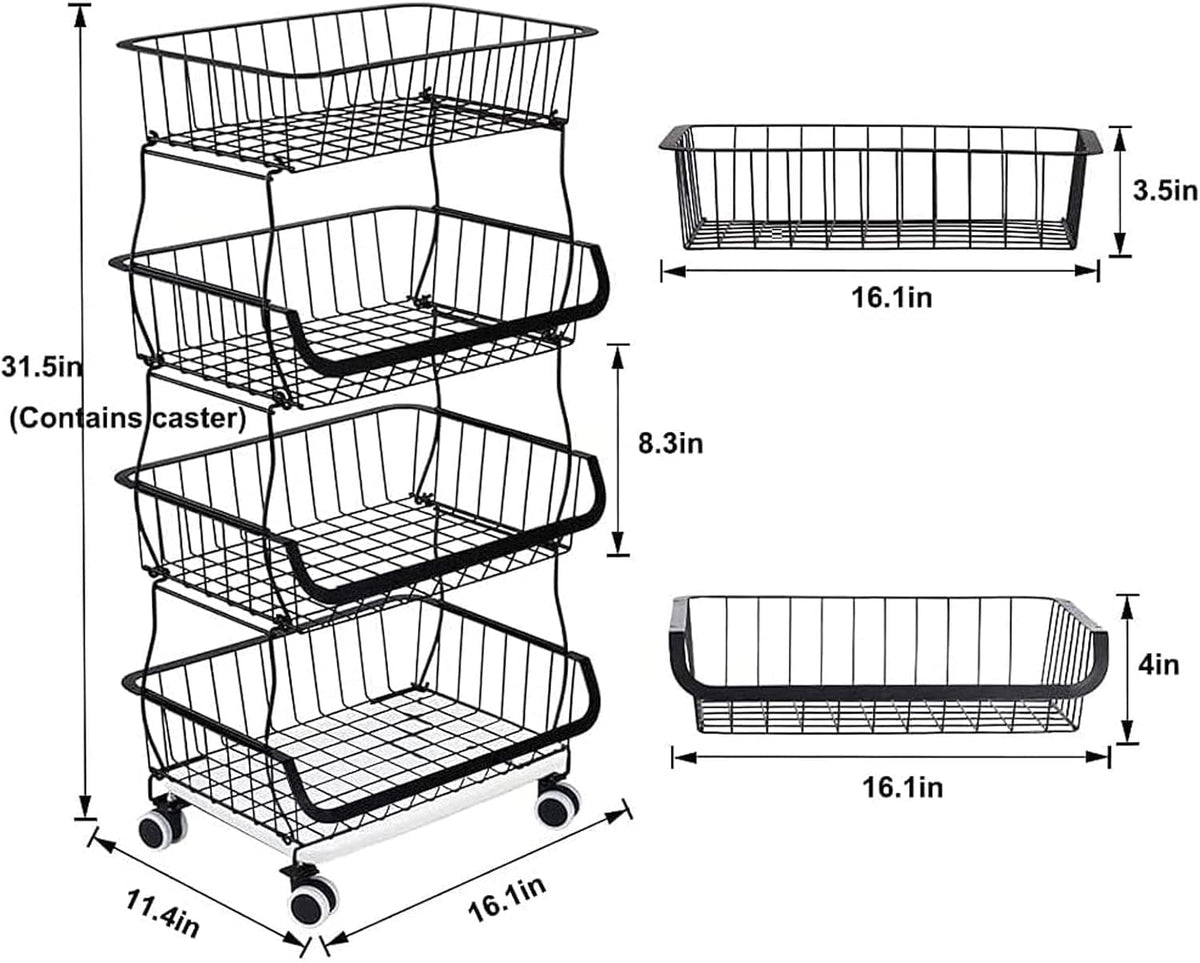 PQHIQ 4 Tier Fruit Vegetable Storage Basket Rack With Wheels, Black