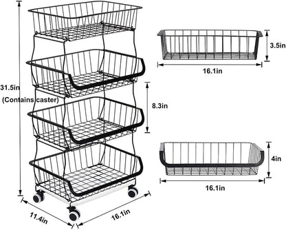 PQHIQ 4 Tier Fruit Vegetable Storage Basket Rack With Wheels, Black