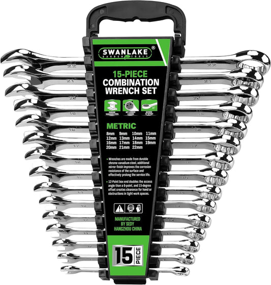 SWANLAKE GARDEN TOOLS 15-Piece Metric Spanner Sets, V Notch Premium Combination Spanner Set Metric 8-22mm, Max Torque, 12-Point, Chrome Vanadium