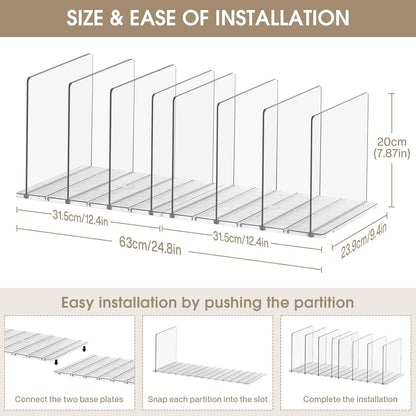 DoubleCare Pack of 8 Shelf Dividers, Adjustable Pocket Dividers, Transparent Acrylic Shelf Dividers, Transparent Handbag Organiser for Cupboards