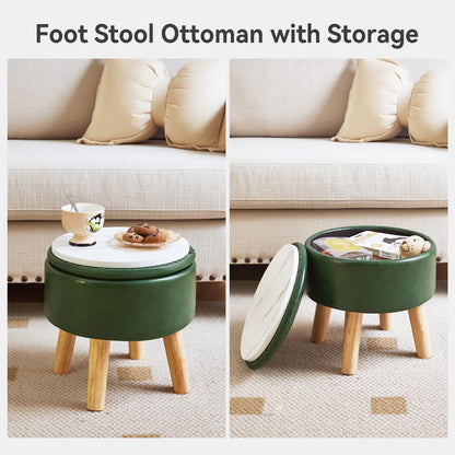 IBUYKE 13 Inch Small Footstool Ottoman with Storage, Round Pouffe Foot Rest with Padded Seat and Wood Legs