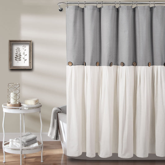 Lush Decor Rustic Color Block Shower Curtain with Coconut Buttons, Farmhouse Modern Bathroom Decor, 72" W x 84" L, Grey/Off White