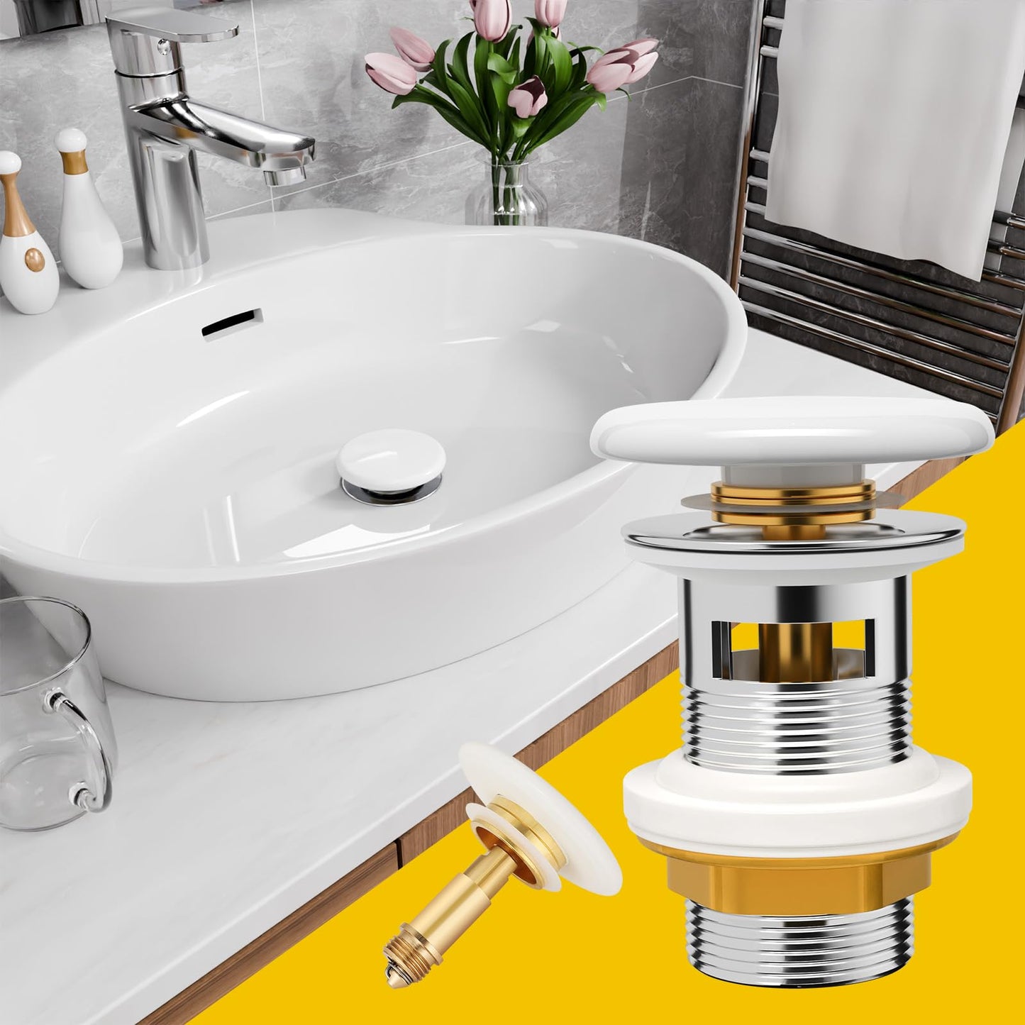 KULACO Sink Drain Fitting with Overflow, Pop Up Valve, Ceramic