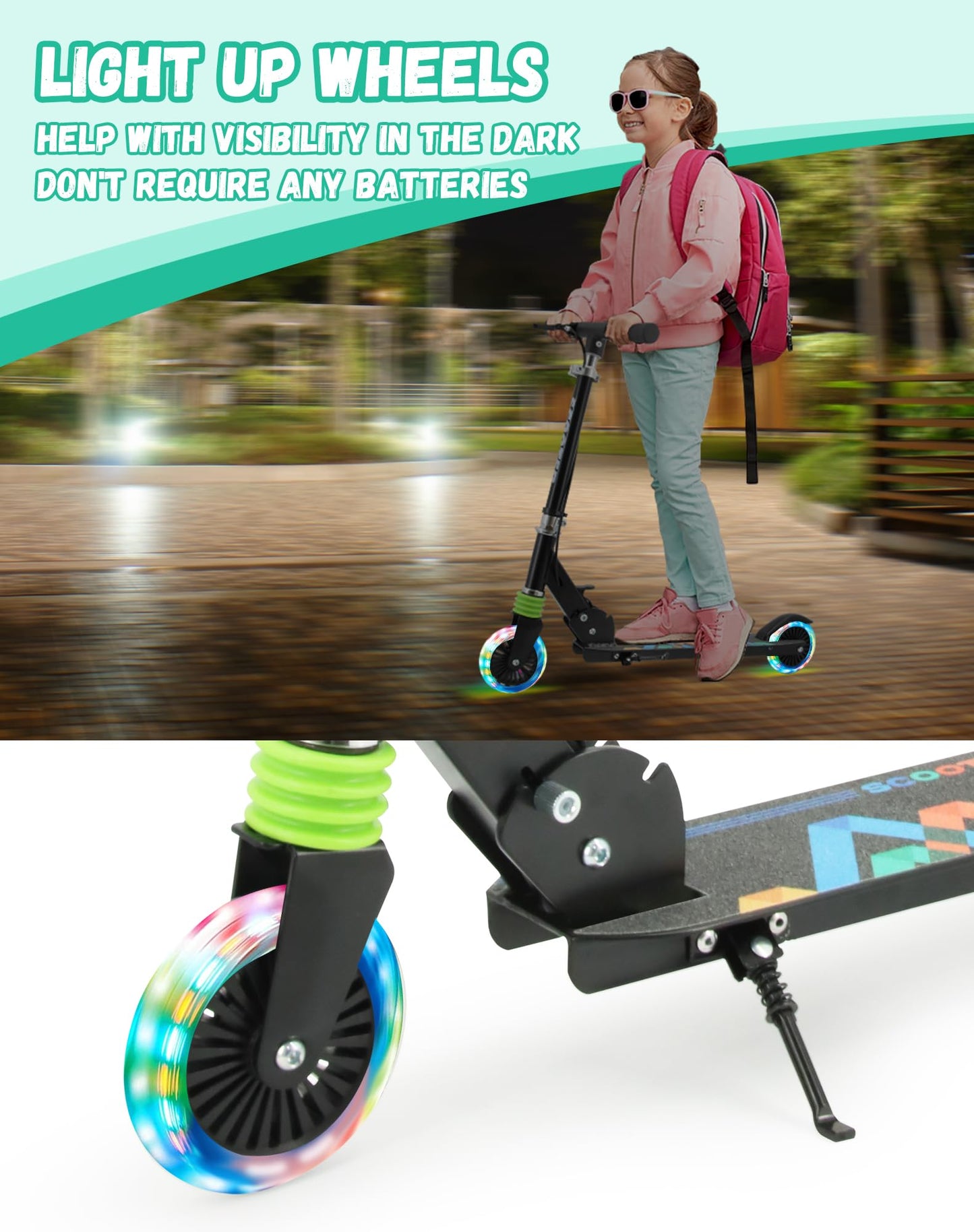 TENBOOM Scooter with Handle Brake for Kids Ages 4-7, Light Up Wheels Gift for Girls Boys Ages 6-12, Easy Folding with 3 Levels Adjustable Handlebar