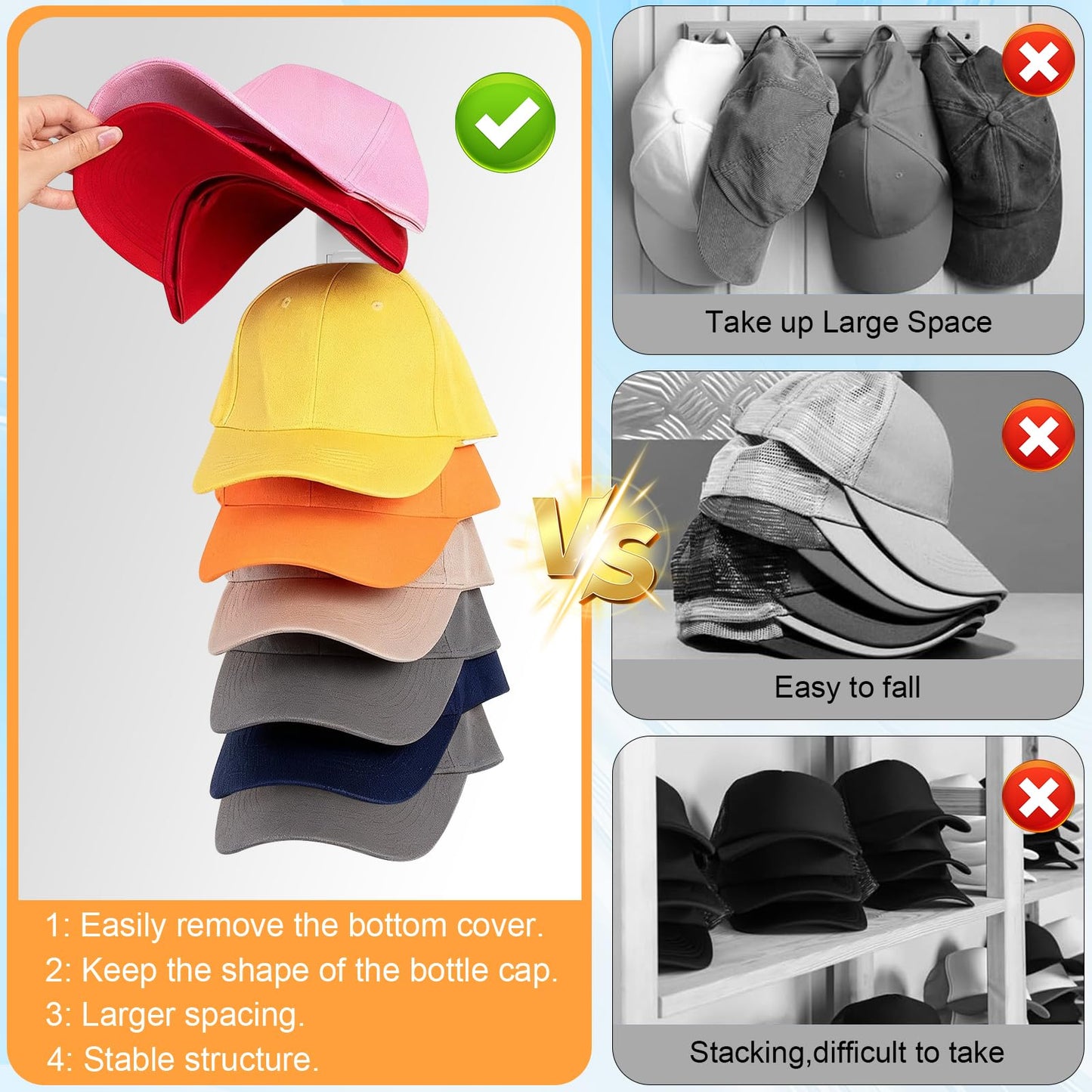 2 Pack Hat Storage for Baseball Caps, Hat Rack holder for Wall Closet Door