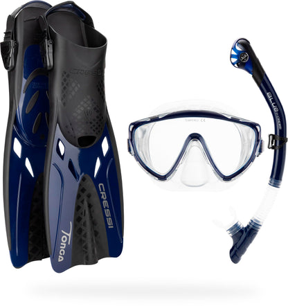 CRESSI Tino Adventure Set Clear/Blue Navy [S/M] - Snorkel Set Tonga Fins, Tino Mask and Scilla Snorkel for Snorkelling and Diving, Transparent/Blue