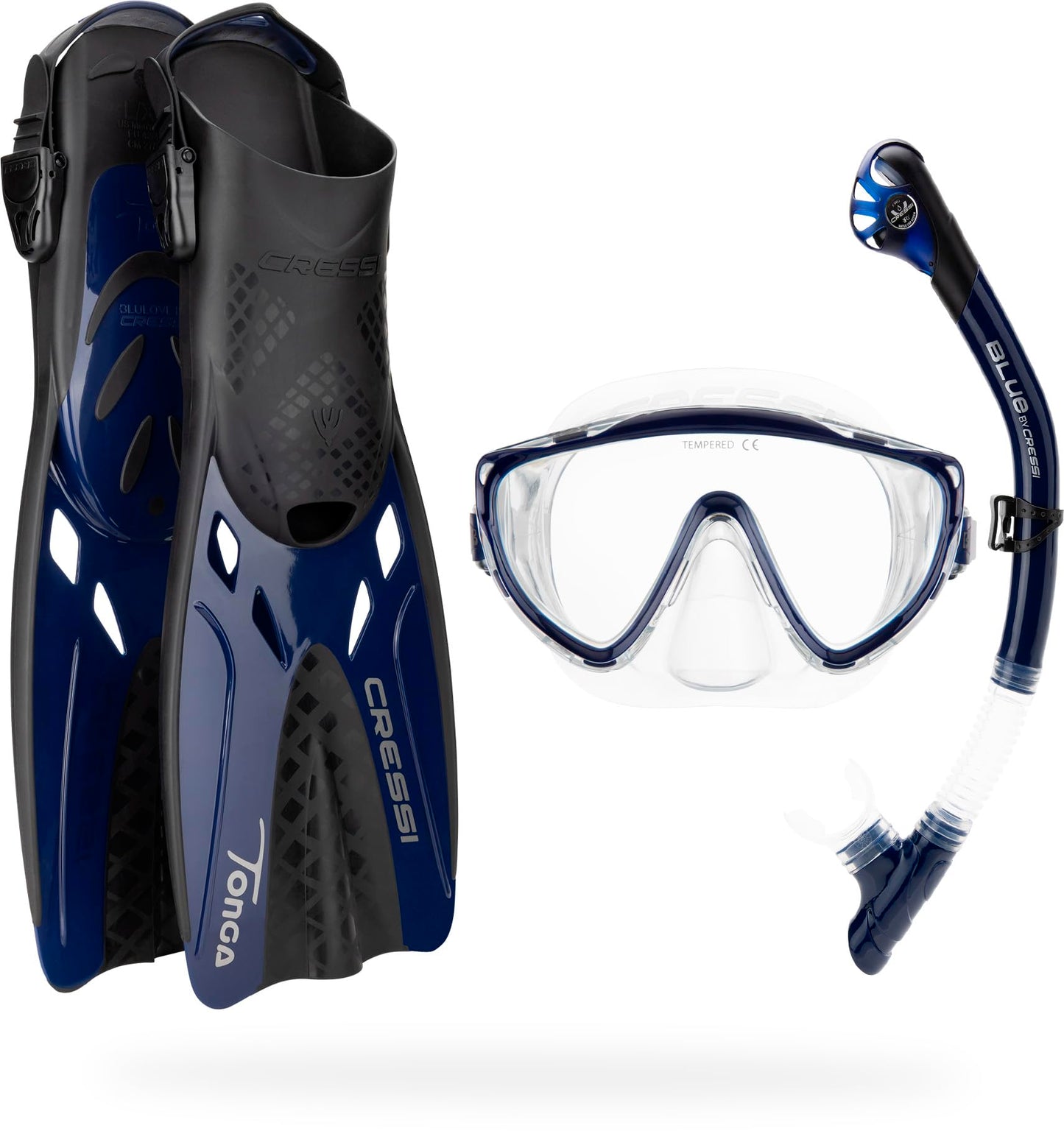 CRESSI Tino Adventure Set Clear/Blue Navy [L/XL] - Snorkel Set Tonga Fins, Tino Mask and Scilla Snorkel for Snorkelling and Diving, Transparent/Blue