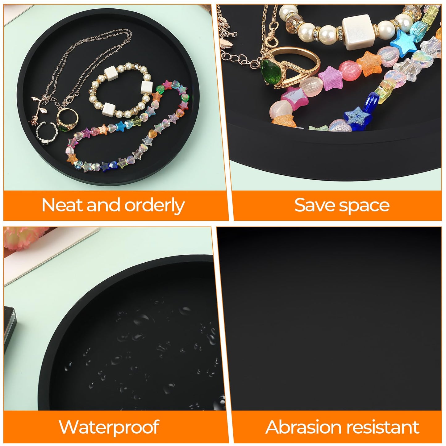 Black Trays for Cosmetics, Jewelry Tray Decorative Plate Bowl, Round Black Silicone Bathroom Trays for Toiletries Makeup Vanity Dressing Table