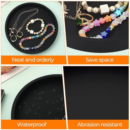 Black Trays for Cosmetics, Jewelry Tray Decorative Plate Bowl, Round Black Silicone Bathroom Trays for Toiletries Makeup Vanity Dressing Table
