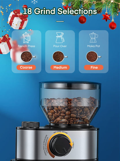 Coffee Grinder Burr Electric, 18 Precise Grind Setting, 2-14 Cup, 200W Coffee Grinder for Drip Coffee/French Press, 250g Capacity, with Brush Easy to