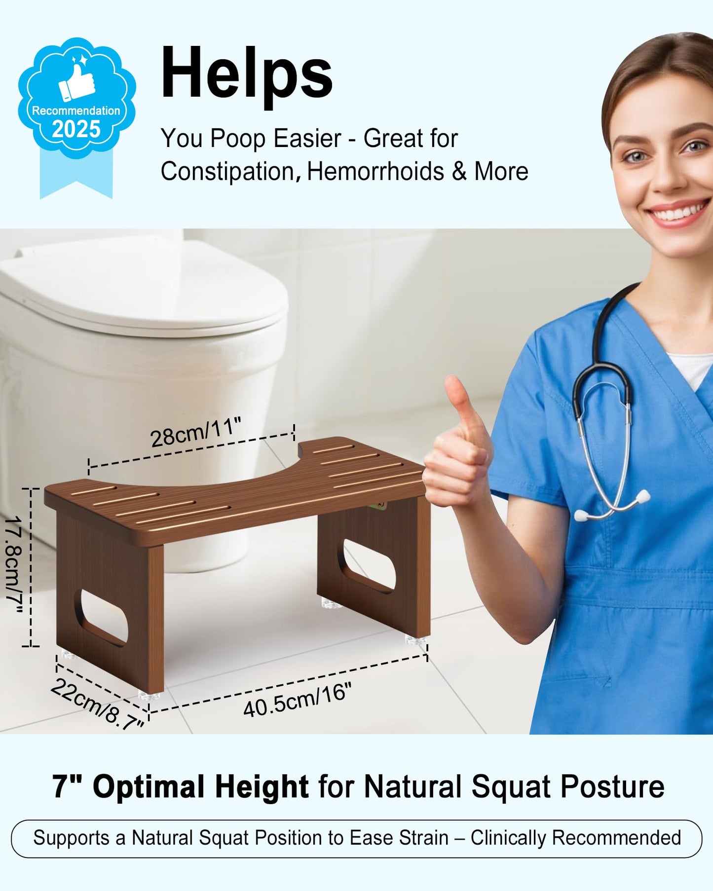 Foldable Toilet Stools, 17.8 CM Wooden Toilet Stool with Anti-Slip Feet, Space Saving, 35° Durable C Shaped Stool (Brown)