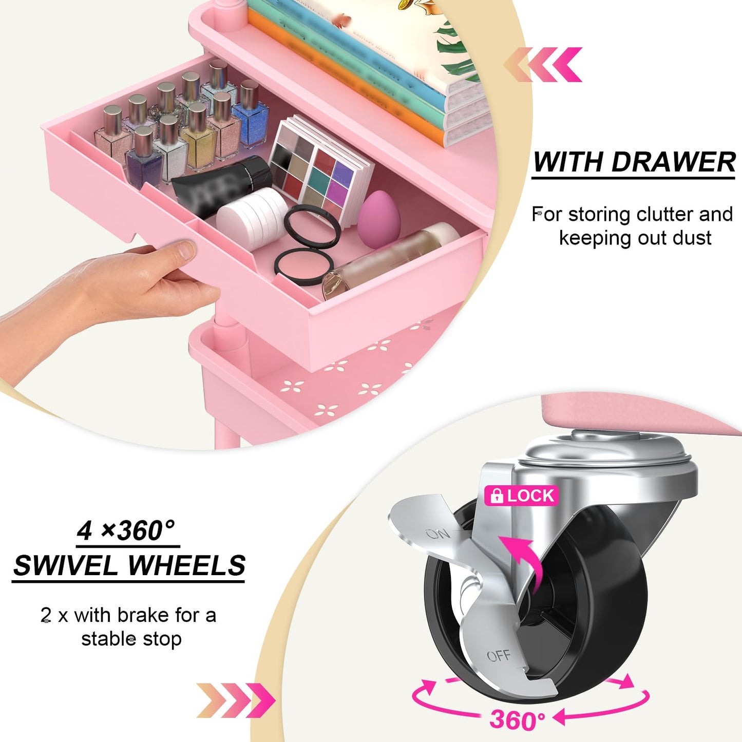 Yeabett 3 Tier Craft Trolley, Storage Trolley On Wheels Utility Cart With Drawer For Kitchen, Bathroom, Office, Living Room, Pink