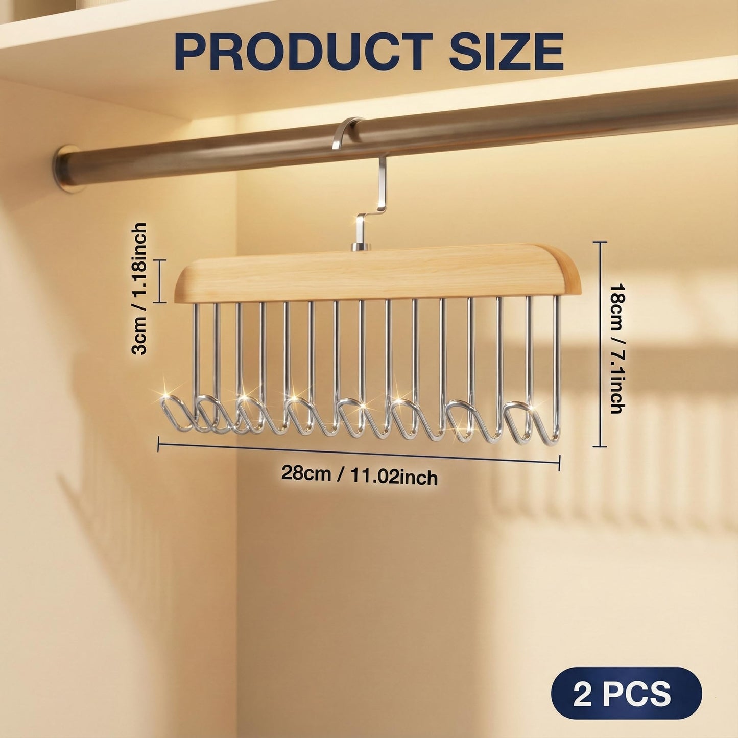 Wooden Belt Hanger 2 Pack, 8-Hook Swivel Belt Organizer for Closet