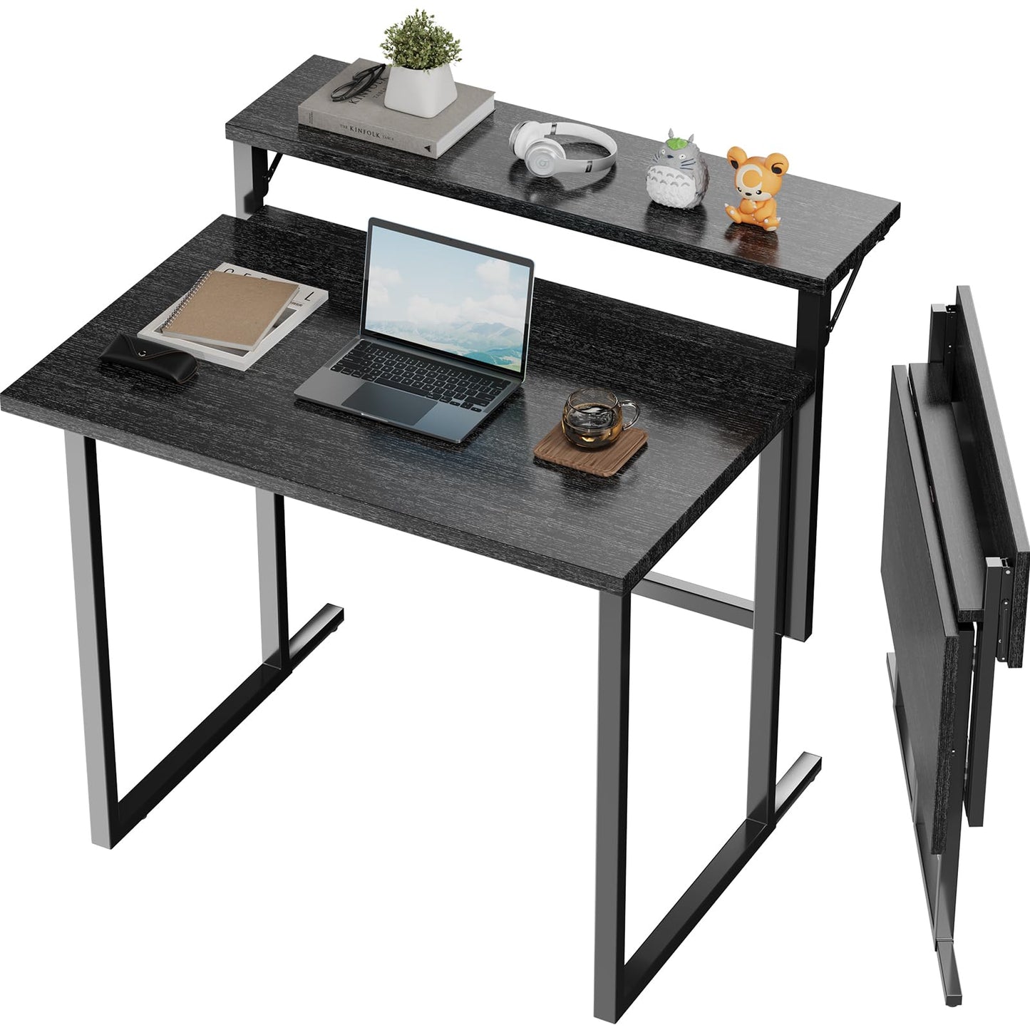 JUMMICO Foldable Desk,Small Desk with Monitor Shelf,2-Tier Folding Table for Home, Office, School, Computer Desk for Small Space,Black