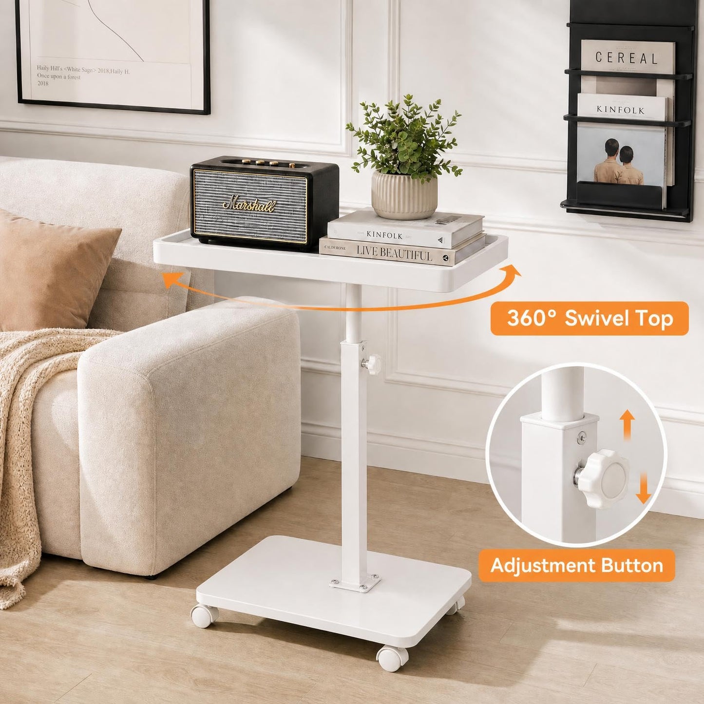 Shilanmei C Shaped Side Table Adjustable Height Wheeled Sofa Table White