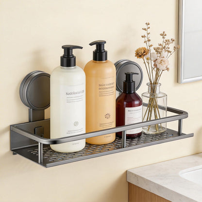 YancLife Suction Shower Caddy - Grey Suction Cup Shower Organiser, No Drilling Storage Basket for Spice Jars and Shampoo