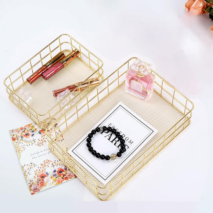 Hapivida 2 Pcs Wire Storage Basket, 17x12x6cm Golden Desktop Metal Storage Basket Iron Grid Storage Tray Net Organizer Bins for Kitchen, Pantry