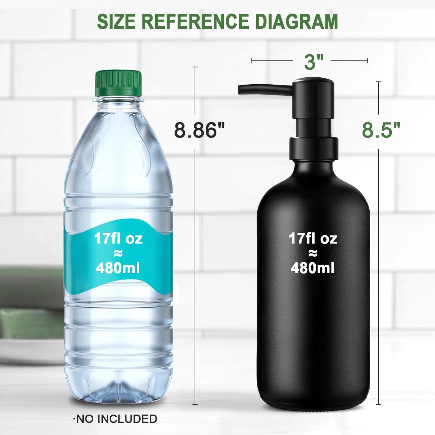 Washing Up Liquid Dispenser,17 fl oz Black Glass Soap Dispensers, Kitchen Soap Dispenser Set